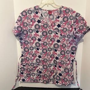 365 SMALL Scrub Top- Floral Breast Cancer ribbon medium front pockets tie back